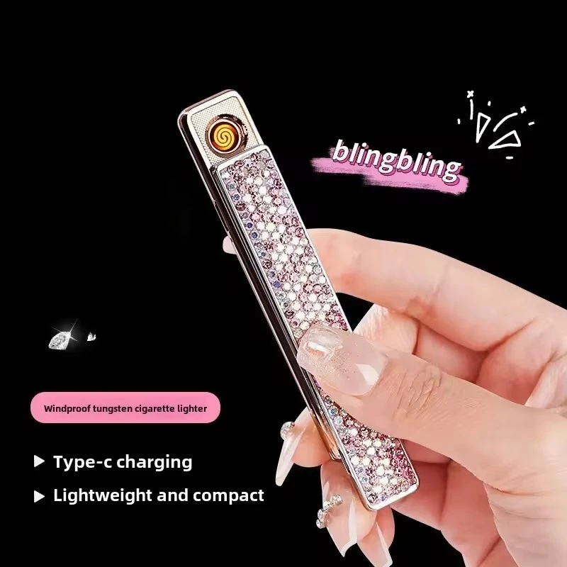 New Cute Diamond Rechargeable USB Lighter Outdoor Mini Metal Windproof Portable Lighter Exquisite Fashion Girl Gift