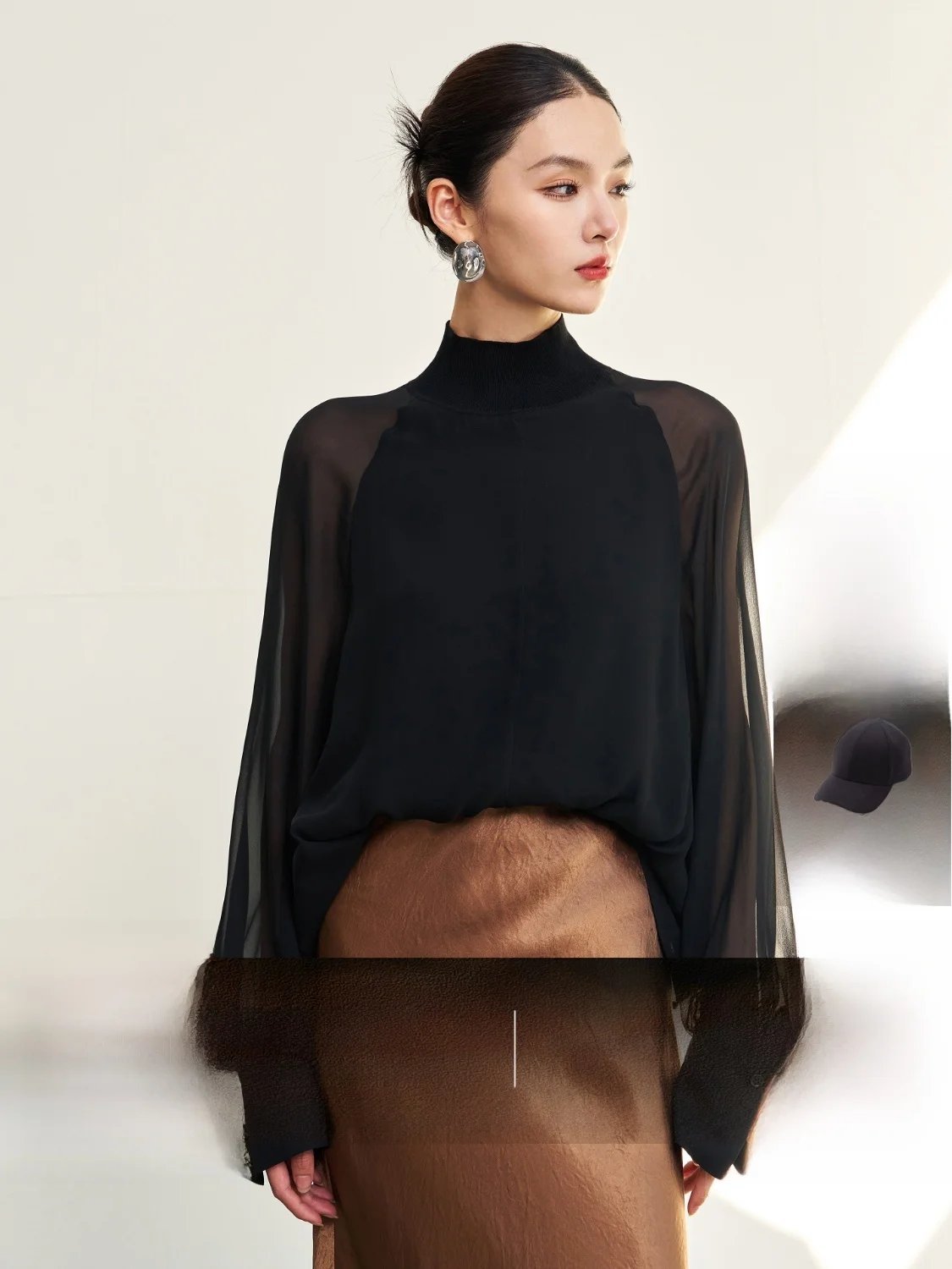 

Page Hello 00 Silk Lightweight Women's Summer 2025 New f High Collar oulder Insert Sve Retro Aosphere Cover up