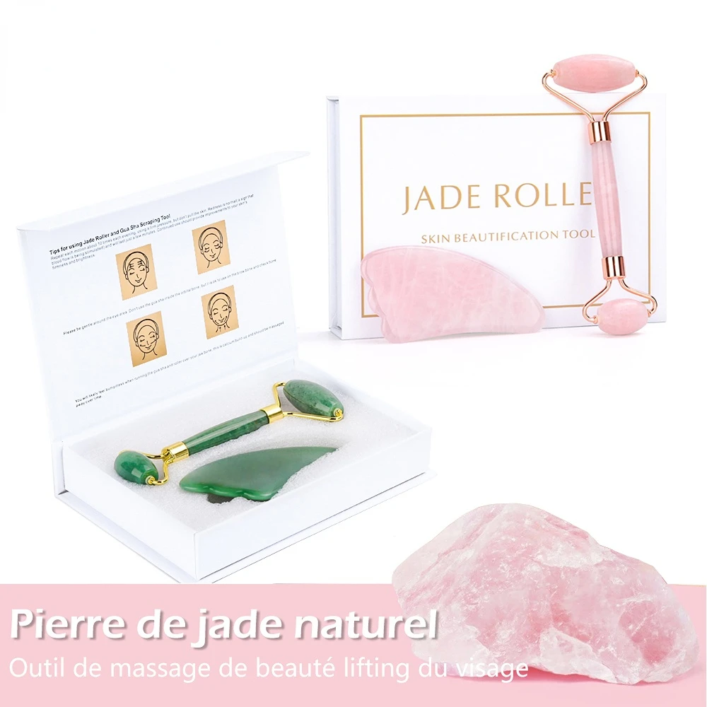 FOMIS – rouleau en Quartz Rose naturel, pierre de Jade, grattoir Gua sha, Lifting du visage, Massage, outil de soins de beauté, Massage de la peau, des yeux et du corps