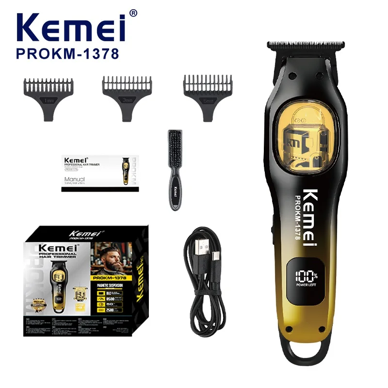 Cortadora de Pelo Inalámbrica Kemei PROKM-1378, Cuchilla DLC, Pantalla Digital, Carga Tipo-C, Recortadora de Barba en Degradado Negro Dorado
