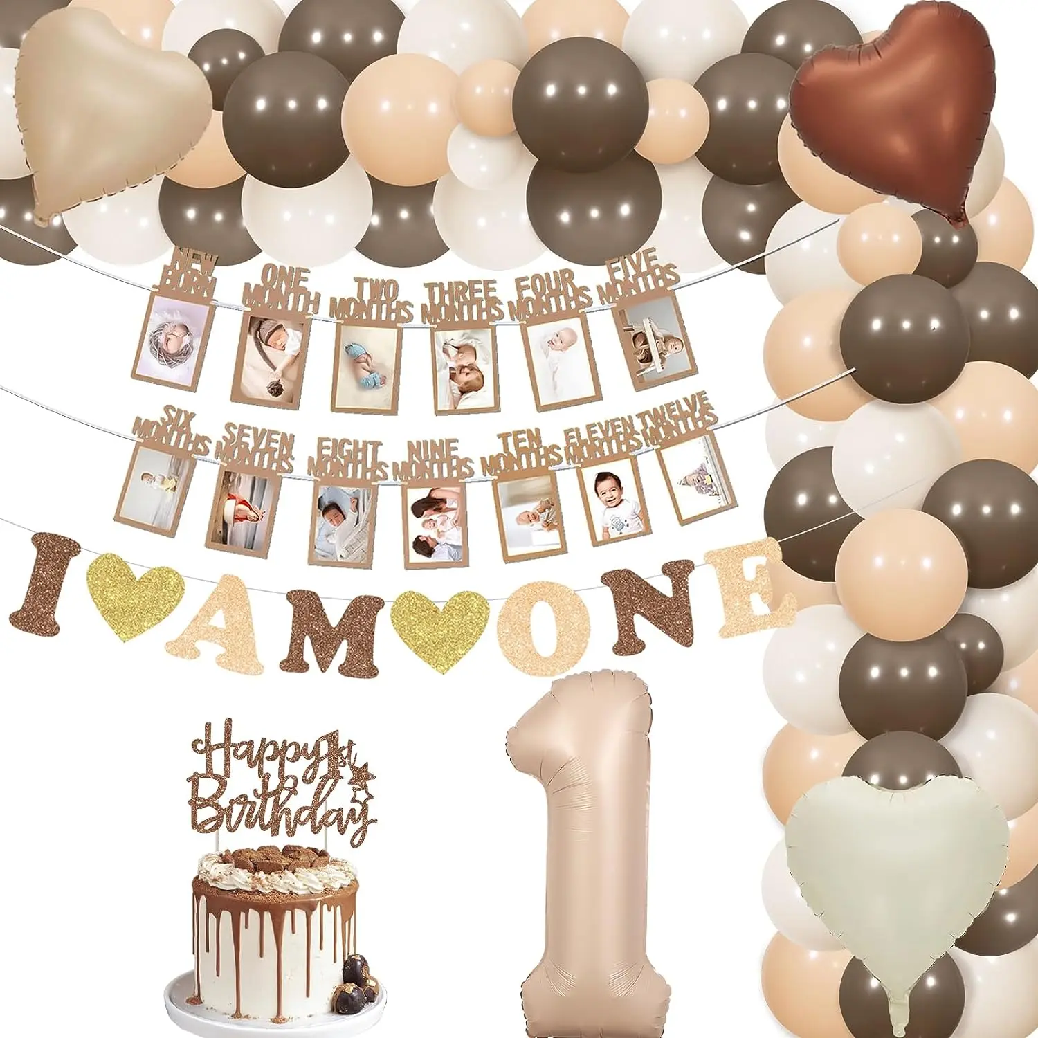 

Boho 1st Birthday Party Decorations, Brown and Beige Balloon, Garland Kit, Monthly Photo Banner, I Am One Banner for Baby Boy an