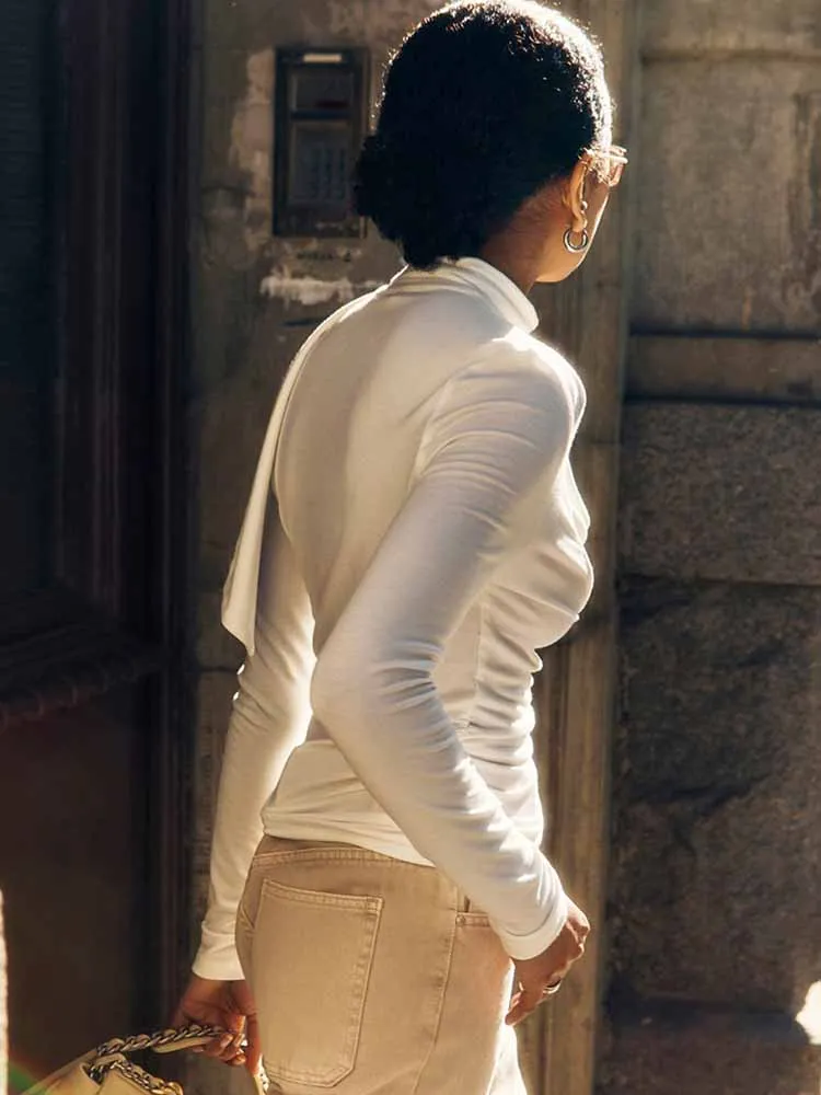 MCDV-Camiseta de manga larga con cuello oscilante para mujer, elegante bufanda lisa con cinta, Top fruncido ajustado, camisetas básicas de calle para otoño 2025