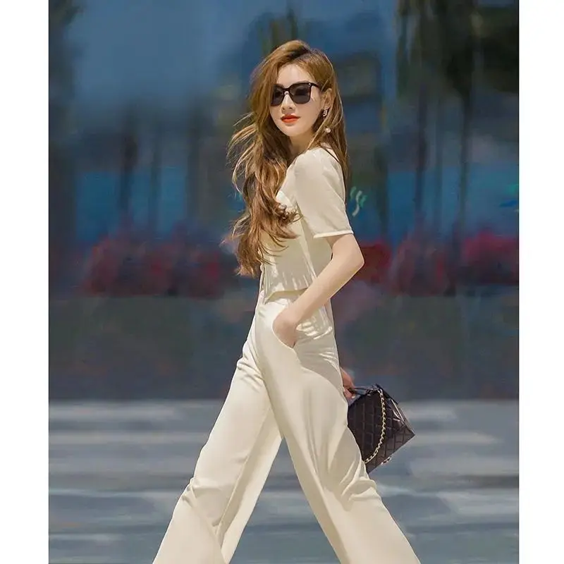 Fashionable Women\'s Set 2023 New Spring/Summer New Temperament V-Neck Panel Top+High Waist Wide Leg Pants Two Piece Set