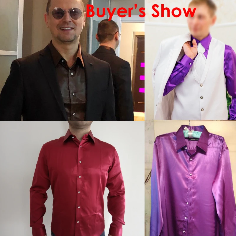 Camisa de seda Lisa para hombre, camisa de esmoquin liso de satén, ropa de negocios informal ajustada, camisas de vestir de boda doradas brillantes,