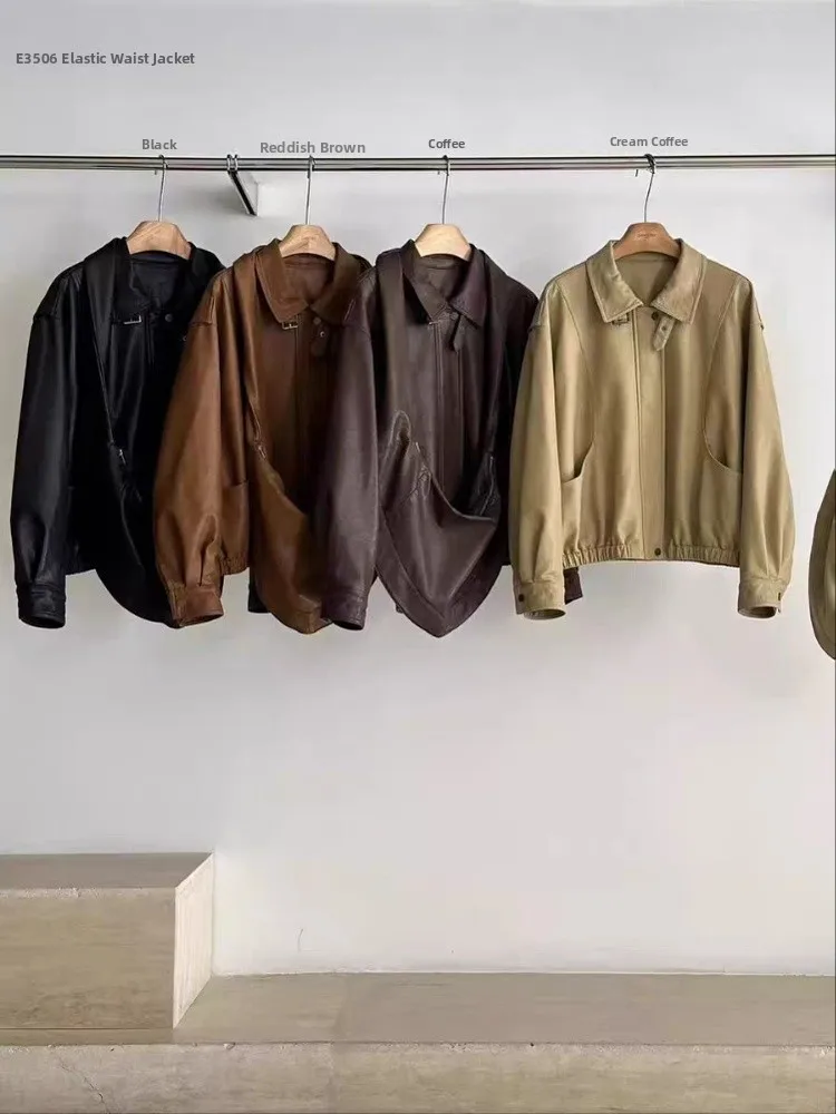 Jaet de cuero para mujer American Sle de color caramelo, informal, holgado, otoño 2025, abrigo largo con cierre de cremallera a la moda