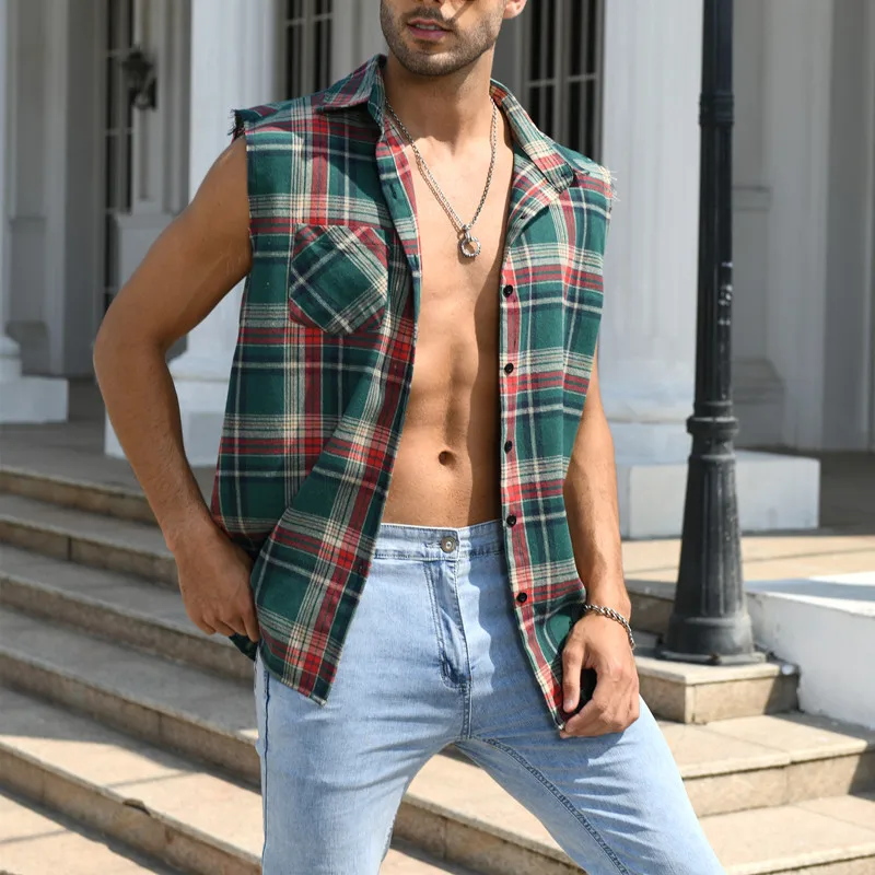 Men\'s Summer Fashion Casual Plaid Print Sleeveless T Shirt Vest Buckle Sanding 2023 Korean Style Mens Tank Tops Beach Vest