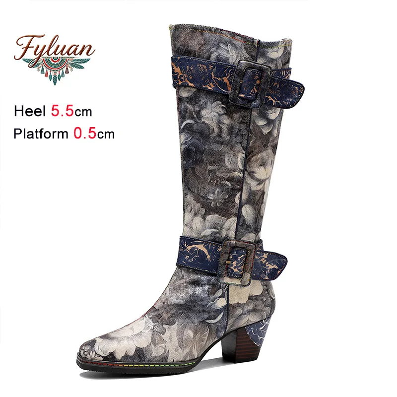 

2026 Thick Heel Printed Knee-high Boots Buckle Strap Women Square Toe Long Boots 5.5CM Block Heels Sheepskin Retro Party Shoes