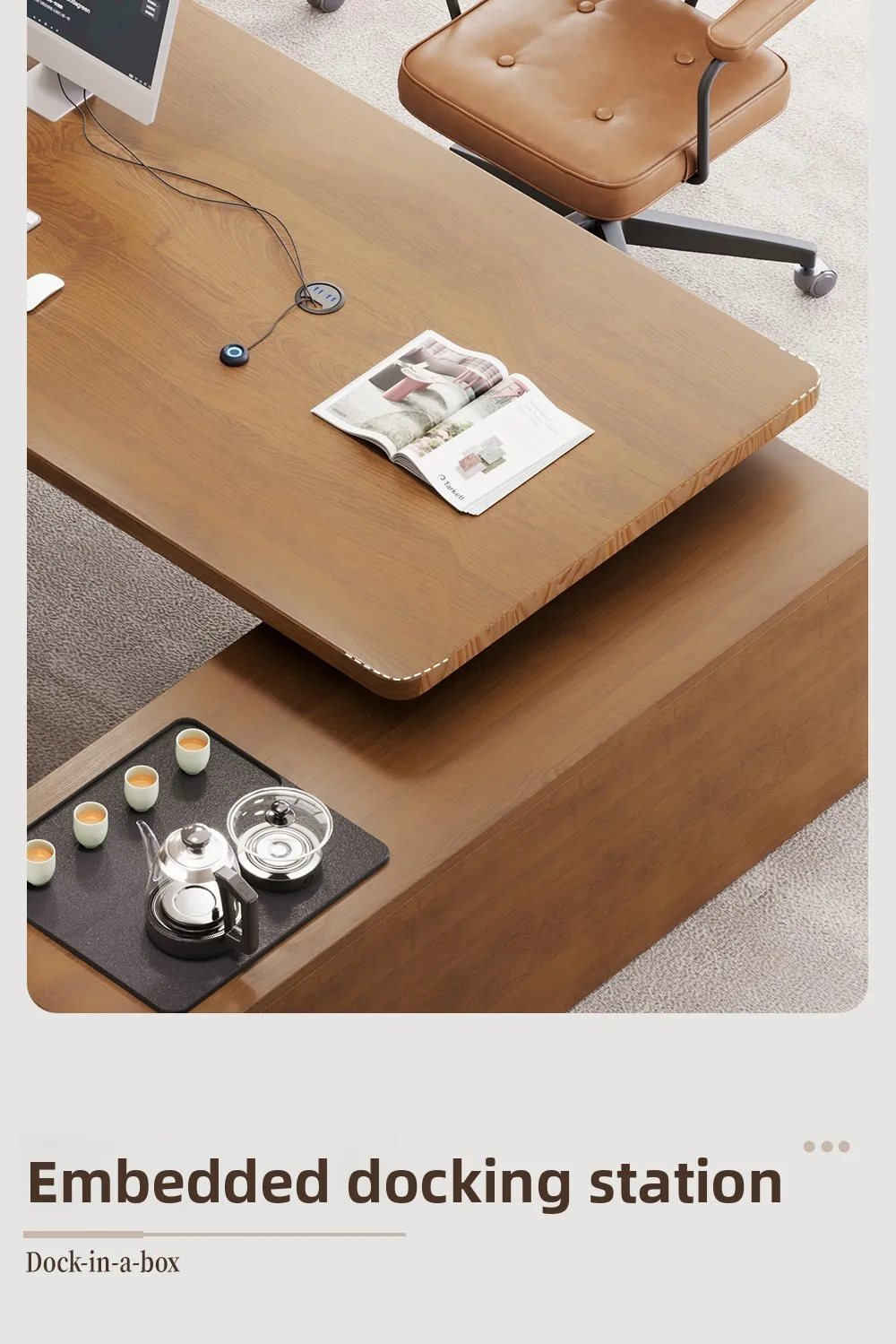 LMM solid wood desk with tea table integrated cream wind president boss table