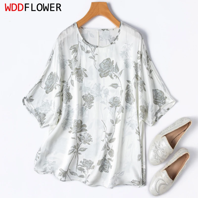 Women Silk T-shirt 100% Mulberry Silk Charmeuse Silk Loose Type Short sleeve Black Rose Floral Printed Top Shirt Blouse M1440