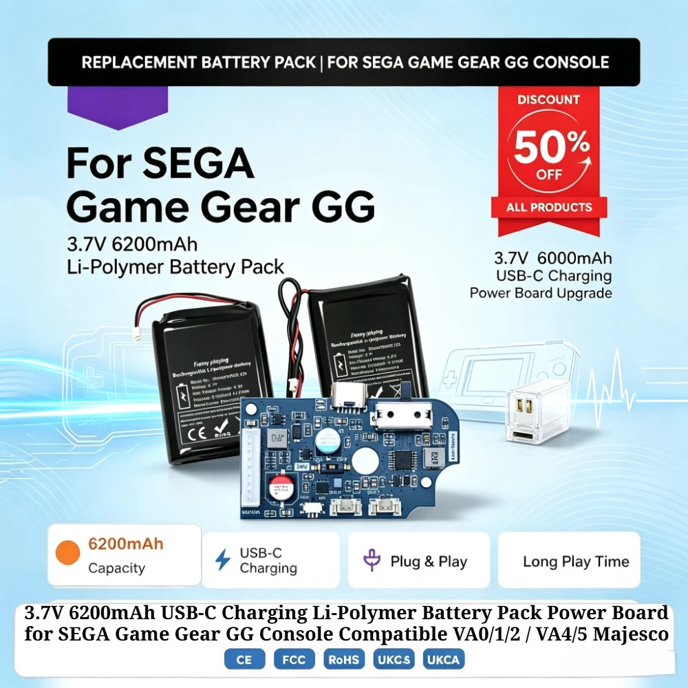 3.7V 6200mAh USB-C Charging Li-Polymer Battery Pack Power Board for SEGA Game Gear GG Console Compatible VA0/1/2 / VA4/5 Majesco
