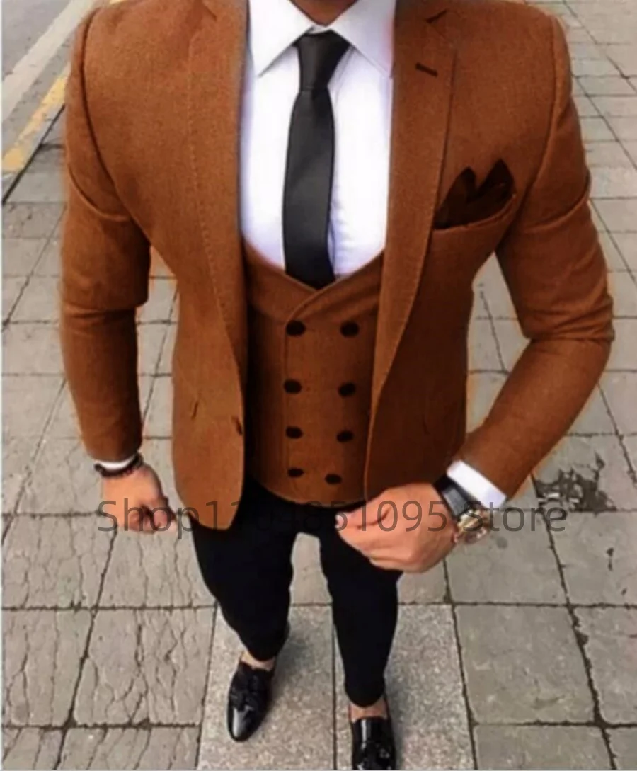 

Fashion Brown Suits for Men Slim Fit Prom Wedding Business Blazer Vest Pants 3 Piece Formal Groom Tuxedo Casual Men Clothing Set