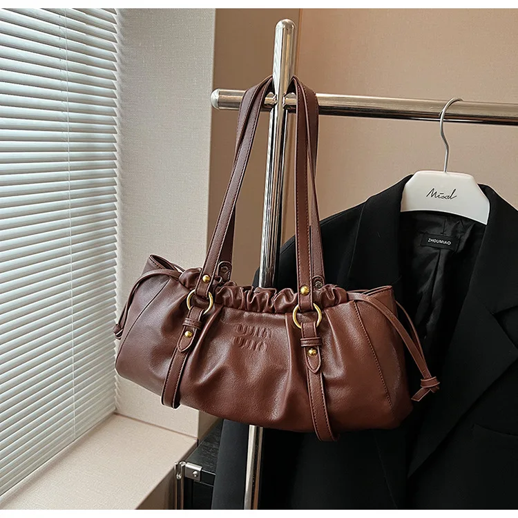 

Womens Famous and Popular Armpit Shoulder Bag Hand-held Totes Ruched Buckle Drawstring Hobos Bag Solid Color For Outdoor Travel