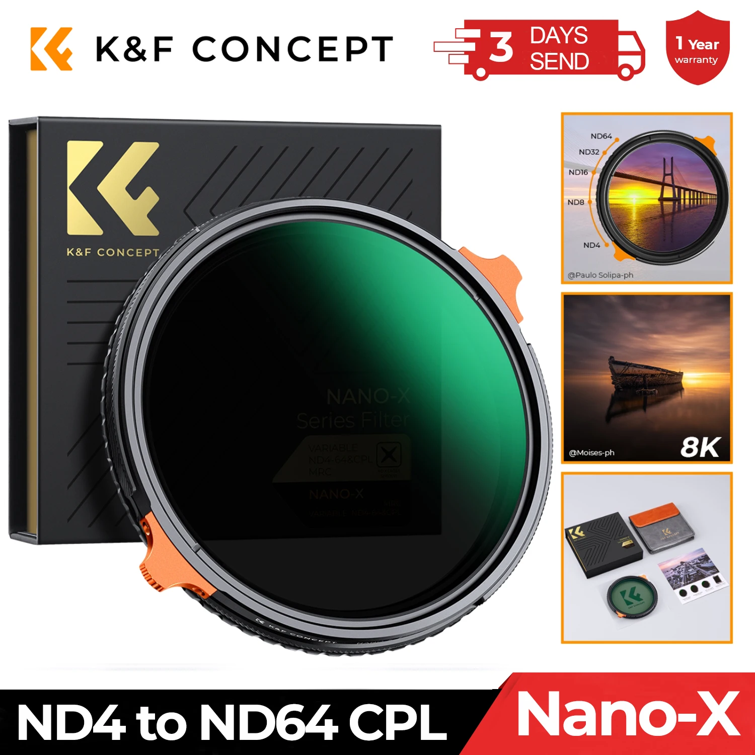 פילטר K&F CONCEPT 37-82mm 2 ב-1 ND4 עד ND64 פילטר ND משתנה, פילטר CPL מקטב מעגלי, פילטרים לעדשות מצלמה Nano X עבור קנון