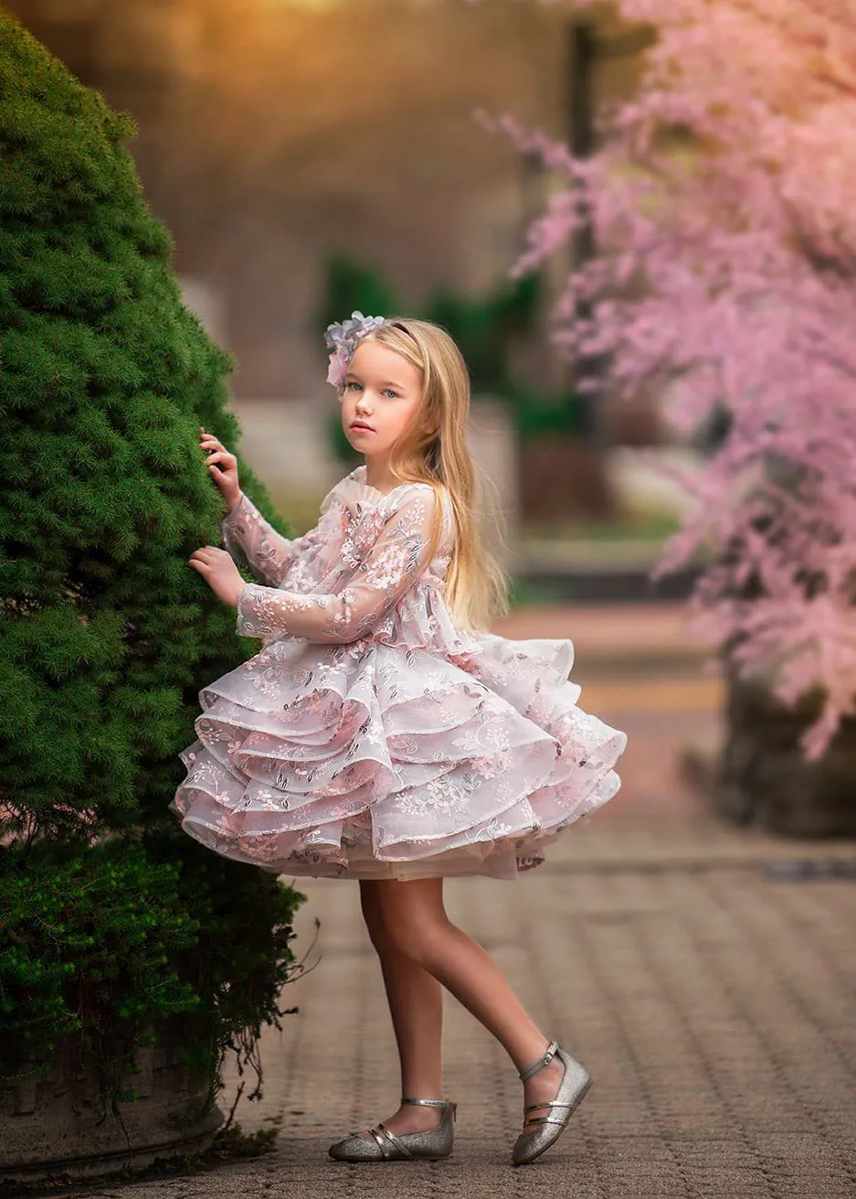 Vestidos de niña de flores rosas para boda, tul Floral, volantes de perlas, fiesta de noche de novia pequeña, vestidos de baile de primera comunión