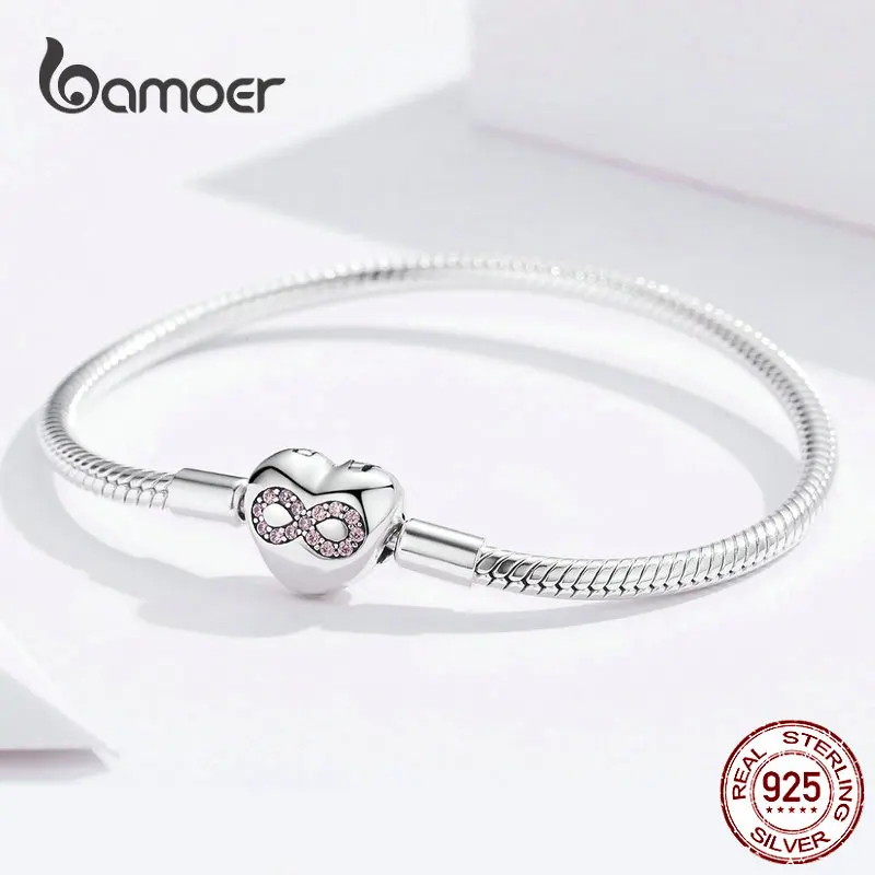 BAMOER Infinity Heart Bracelet Sterling Silver 925 Heart-shape Love Snake Bangle Bracelets 3mm for DIY Fine Jewelry SCB142