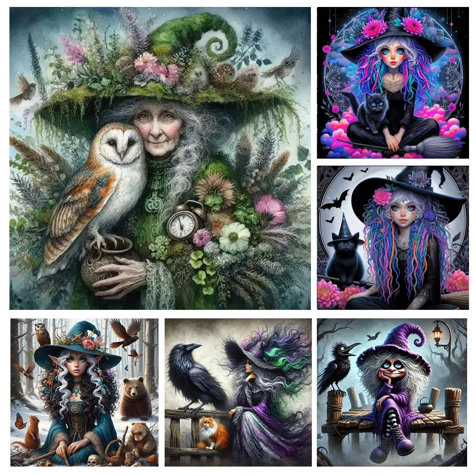 

5D Diamond Painting Art Witch and Cat DIY Full Square Round Drill Mosaic Halloween Grandma Girl Craft Supplies Embroidery