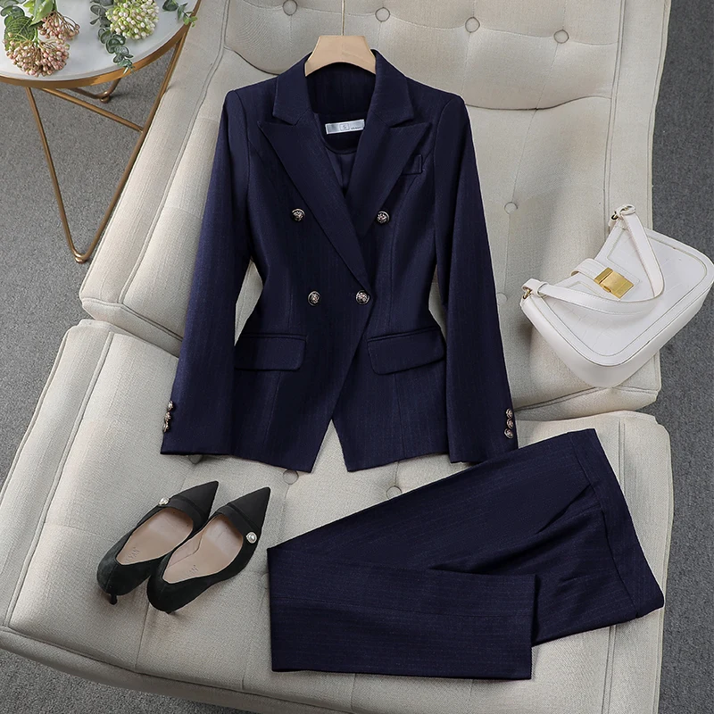 ZJYT Elegant Lady Office Blazer Suit Pant Sets for Women 2 Pieces Autumn Outfit Long Sleeve Double Breasted Jacket Trousers Set