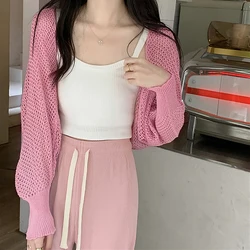 Summer Hollow Knitted Cardigan Women Fashion Solid Color Long Sleeve Thin Sunscreen Shirt