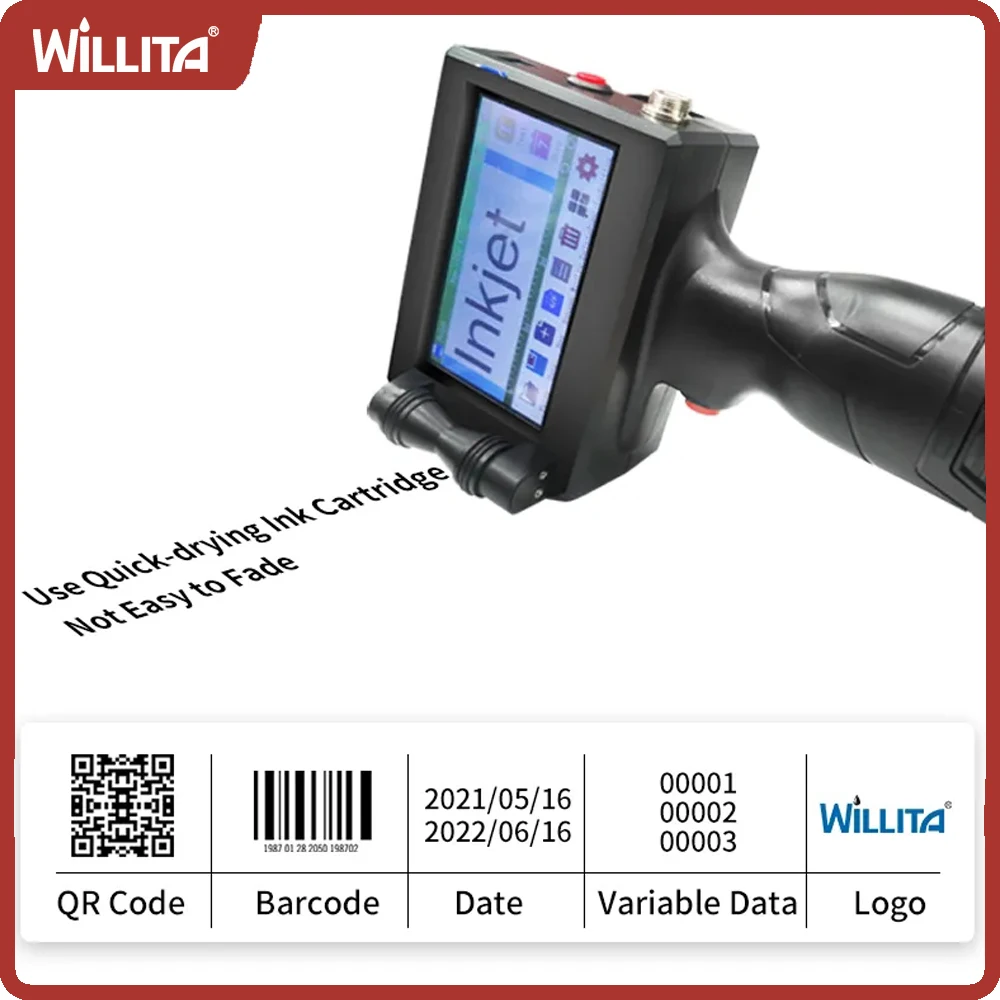 Stampante a getto d\'inchiostro portatile Willita 12.7mm 18 lingue codice Batch a barre numero di data Logo data di scadenza stampante a getto