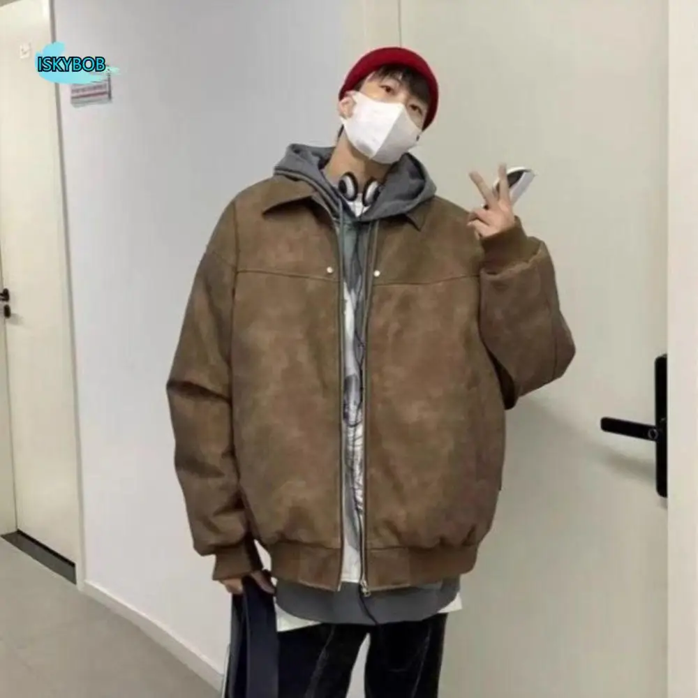 

Casual Clothing Loose Fit Men Jackets Solid Color Long Sleeves Turn Down Collar Jacket Warm Thick Flight Jacket Autumn Winter