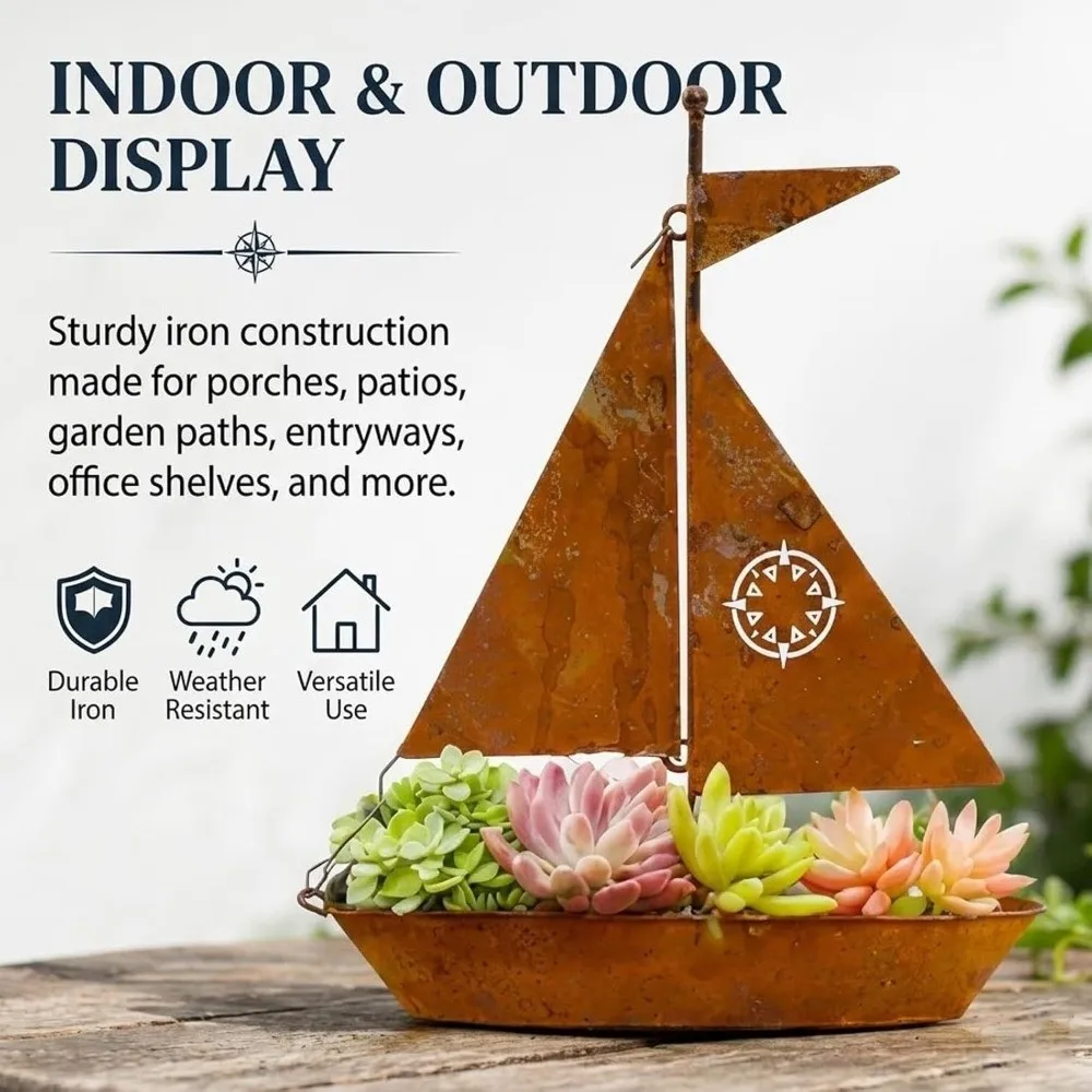 Rustic Sailboat Flower Pot Wrought Iron Handmade Boat-Shaped Planter Vintage Nautical Weather-Resistant Flower Holder Desk Decor