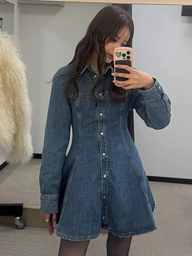 Mulheres denim camisa vestido lapela a linha cinching cintura jeans saias single-breasted mangas compridas lavado vestido angustiado 2025