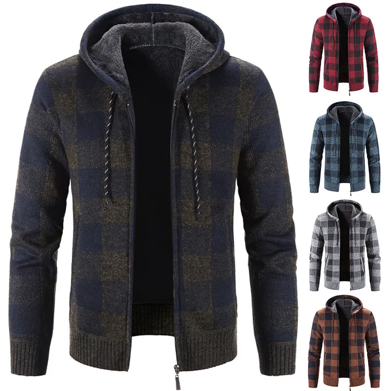 

Autumn and Winter Men's Long Sleeved Plaid Cardigan Sweater Thickened