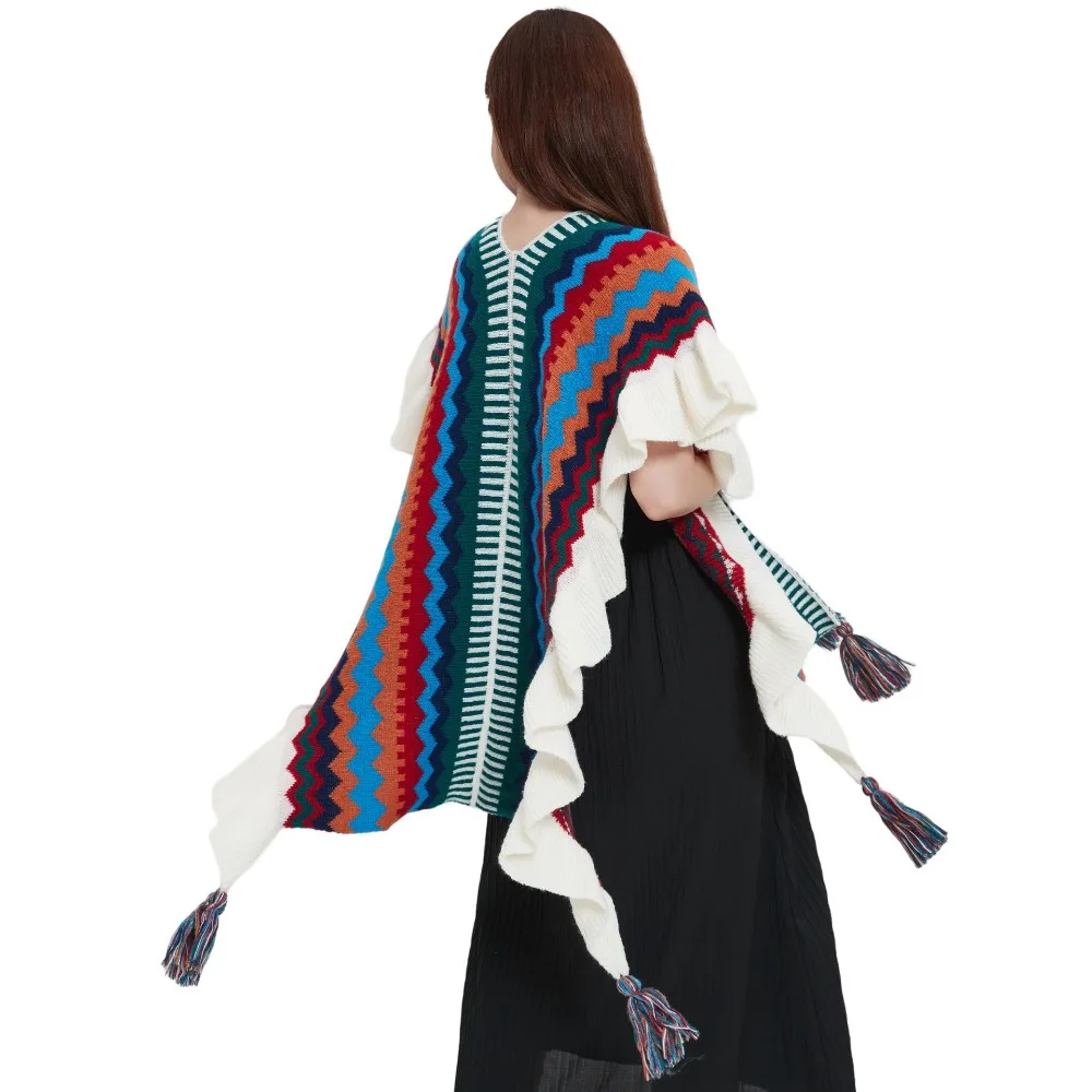 OMEA Women Colourful Wrap Poncho Ruffles Hemming Women Winter Accessories Spring Shawl Blanket Scarf Autumn Capes Cashmere Scarf