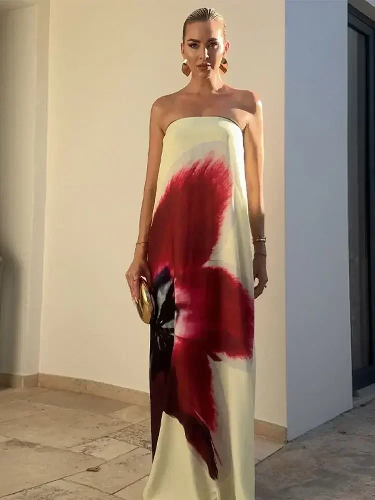 2025 Femmes Été Nouveau Imprimé Floral Bretelles Robes Lâches Décontracté Hors Épaule Sans Manches Robe Maxi Dame Vacances Plage Robes