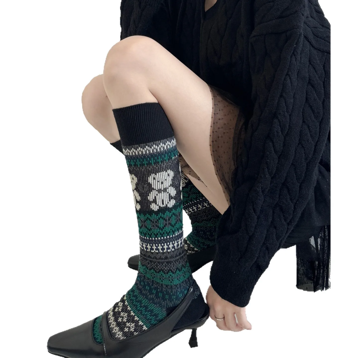 خمر الدب نمط إبرة مزدوجة Kitted النساء الركبة عالية جوارب قطنية الخريف الشتاء منتصف العجل تنوعا ريترو شيك نمط الشارع