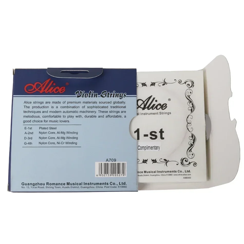 Alice A709 Violin Strings Set Plated Steel Plain String Nylon Core Al-Mg Wound Ni-Cr Winding Performance Use Violin Strings