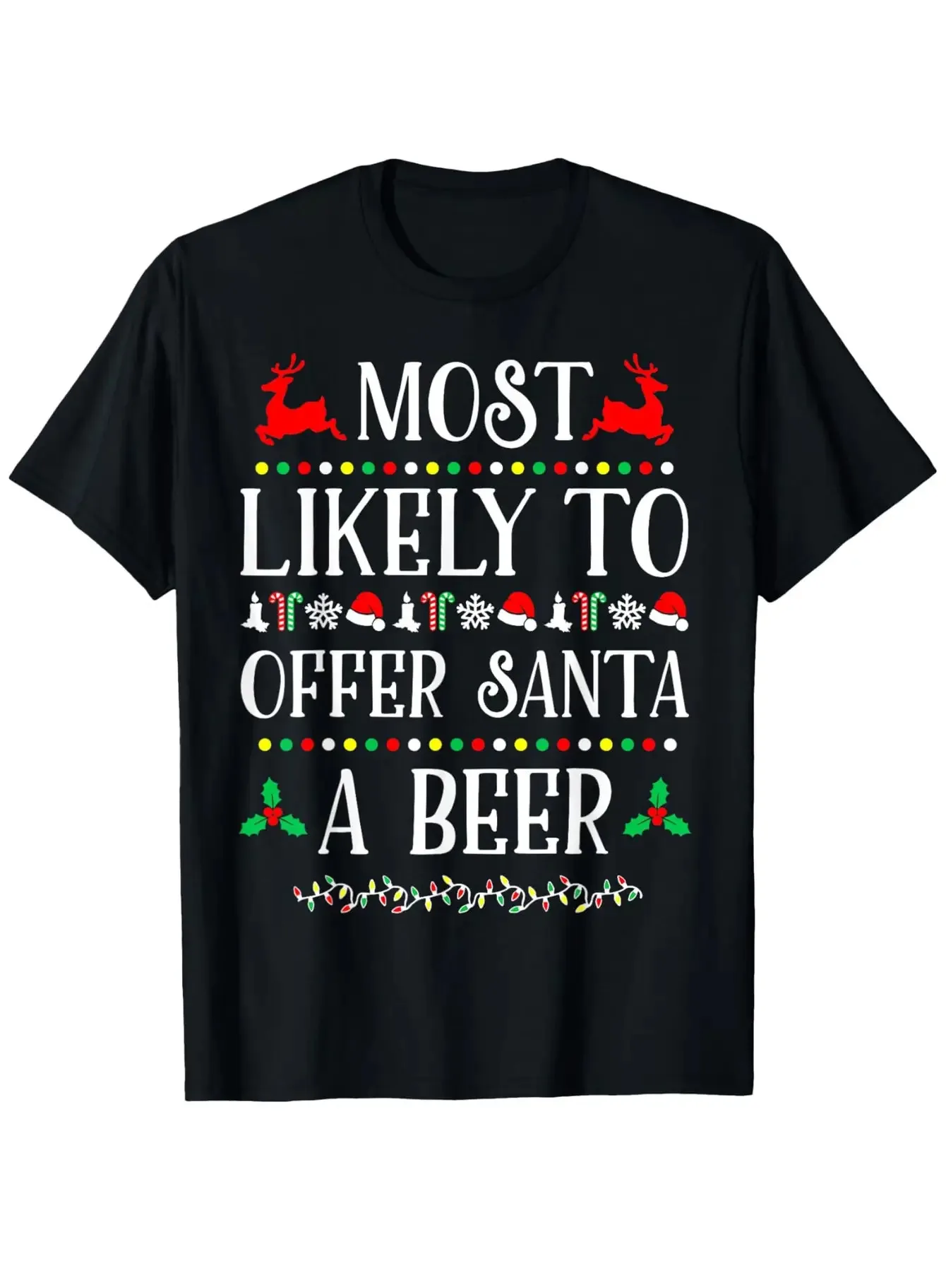 Funny 'Most Likely to Offer Santa A Beer' Christmas T-Shirt - Black with Red & White Beer Bottle & Snowflake Design - Lightweight All-Season Casual Short Sleeve Shirt for Men & Women - Humorous Holiday Party Outfit, Gift for Beer Lovers - Durable Di