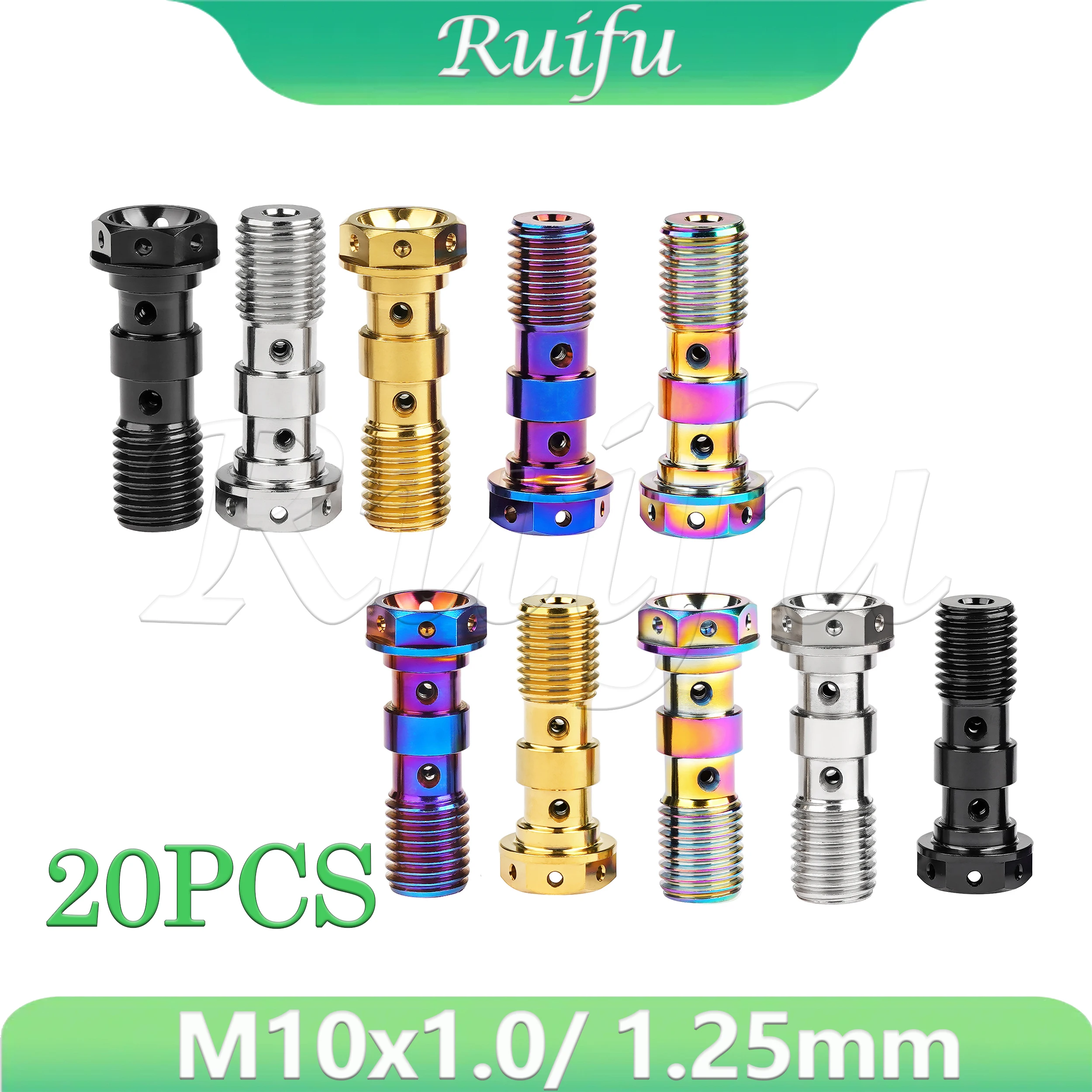 

Ruifu Titanium Bolt 20PCS M10 Pitch1.0/1.25mm Flange Hex Head Oil Pipe Double Holes Screw for Motorcycle Brembo Brake Dual Line