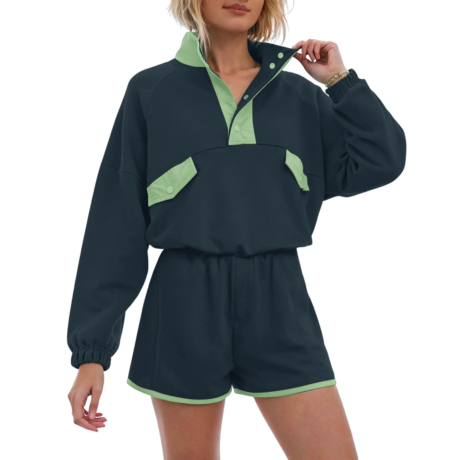 Color Block Top with Shorts Athletic Sweat Shorts Set Activewear 2 Piece Outfits Pullover Sweatshirt Shorts Women's Streetwear