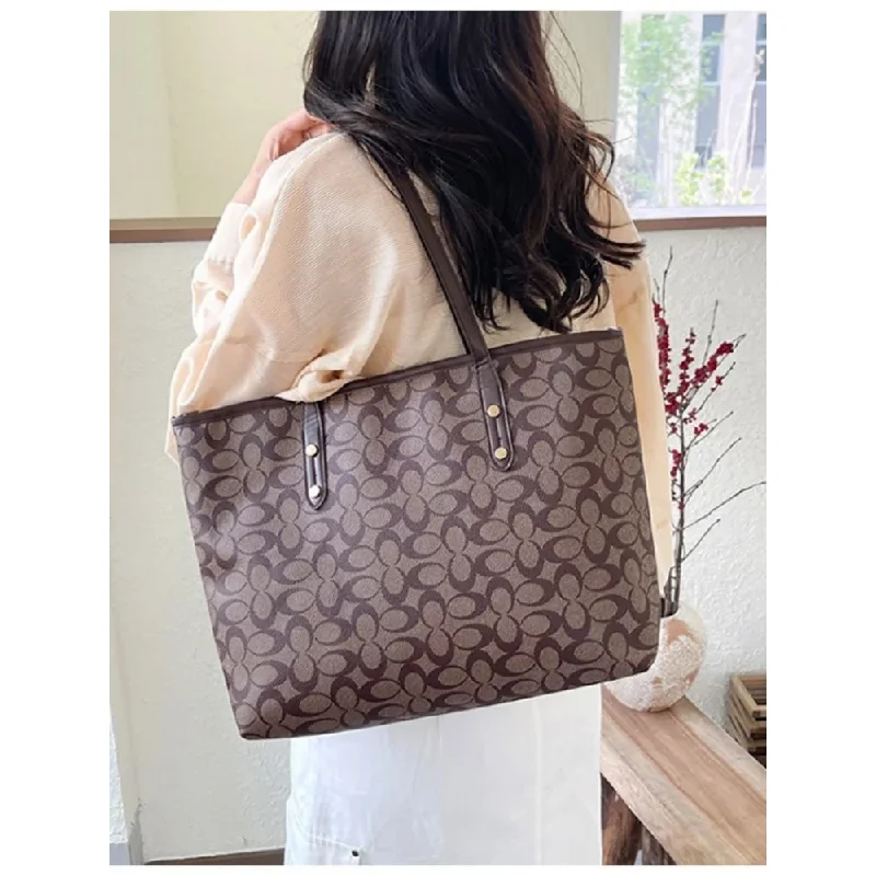 Classic Monogram Print Tote Bag, Large Capacity PU Trim Canvas Shoulder Bag, Versatile Daily Work Shopping Handbag For Women image 4