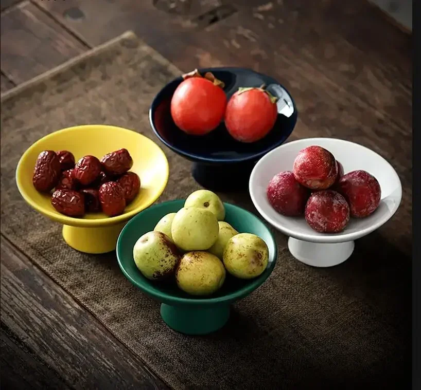 Round Ceramic Plate Small Fruit Plate Bowl Tall Feet Refreshment Tray Dried Fruit Plates Dishes Snack Tray Cake Pan Display Tray
