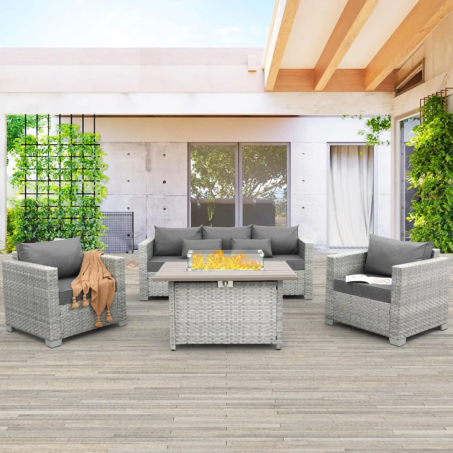 

Patio Furniture Set 4 Piece Wicker Conversation Sets PE Rattan Chair Outdoor Couch Sectional Sofa with Fire Pit, Customized