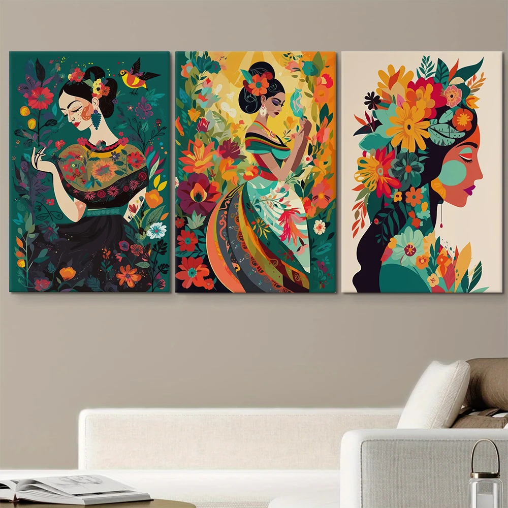 3 peças de pinturas decorativas em tela Frida Kahlo estilo mexicano, ilustrações de figuras florais de estilo étnico boêmio, sala viva
