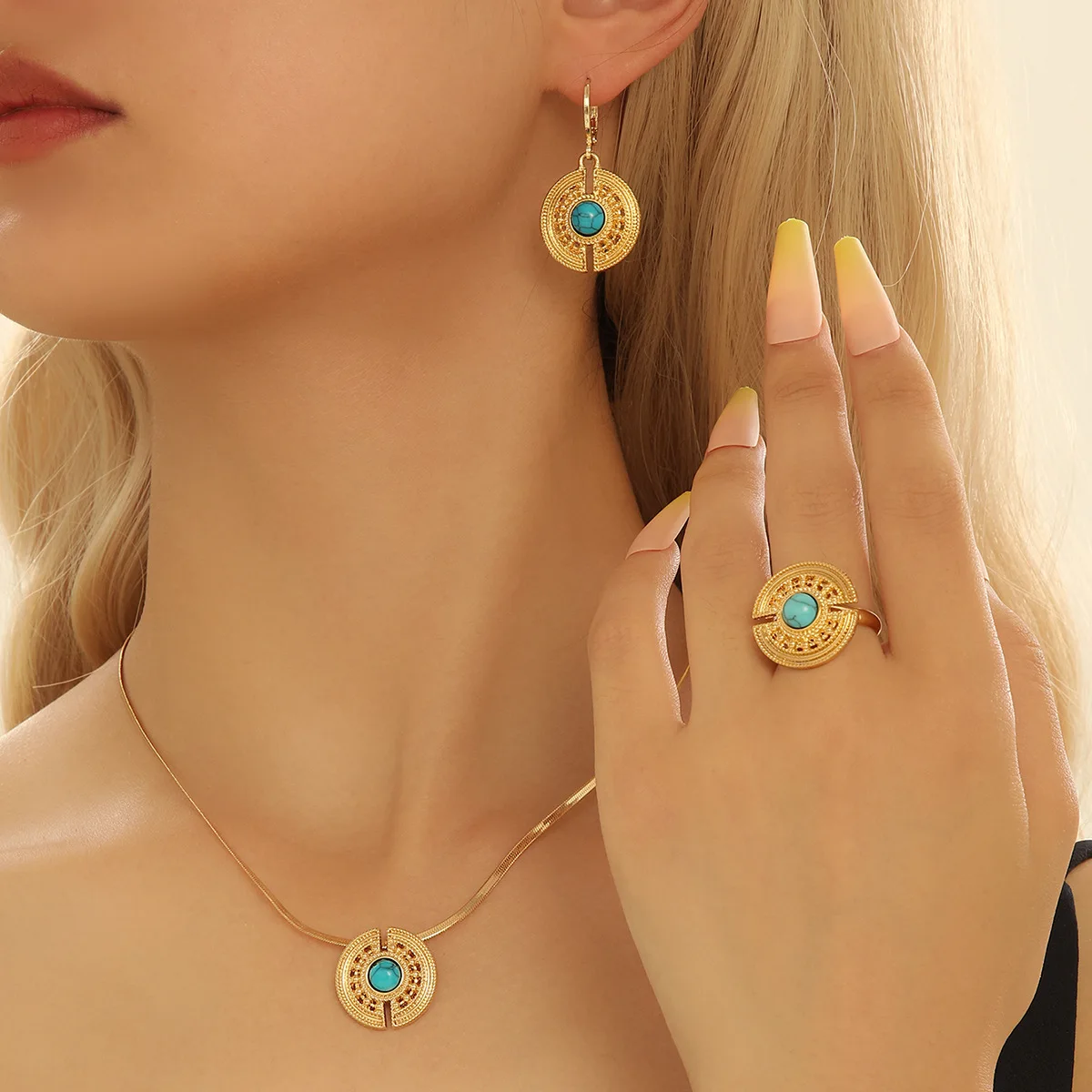conjunto-de-joias-estilo-retro-anel-colar-e-brincos-de-corrente-longa-com-turquesa-verde-embutida-brincos-de-clipe-versate