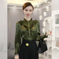 2024 Autumn and Winter New High-end Temperament Light Luxury Satin Green Long Sleeved Shirt