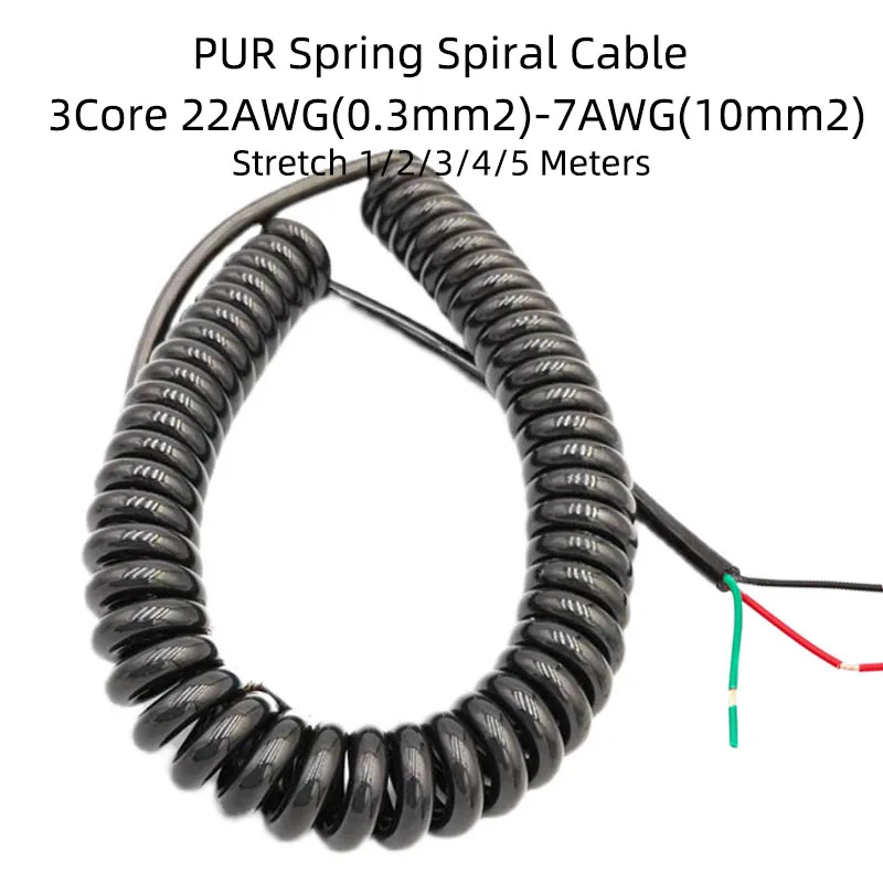 3Core Black Spring Spiral Cable 24/22/18/17/15/7AWGWire 0.2mm2-10mm2  Telescopic Stretch1to5Meters Stretchable Shrinkable Cable