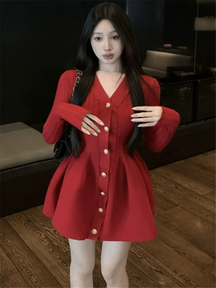 Holiday Christmas Party Red Short Knitted Dress French Women V Neck Long Sleeve Puffy A Line Mini Dress Sweater Bottoming Skirt