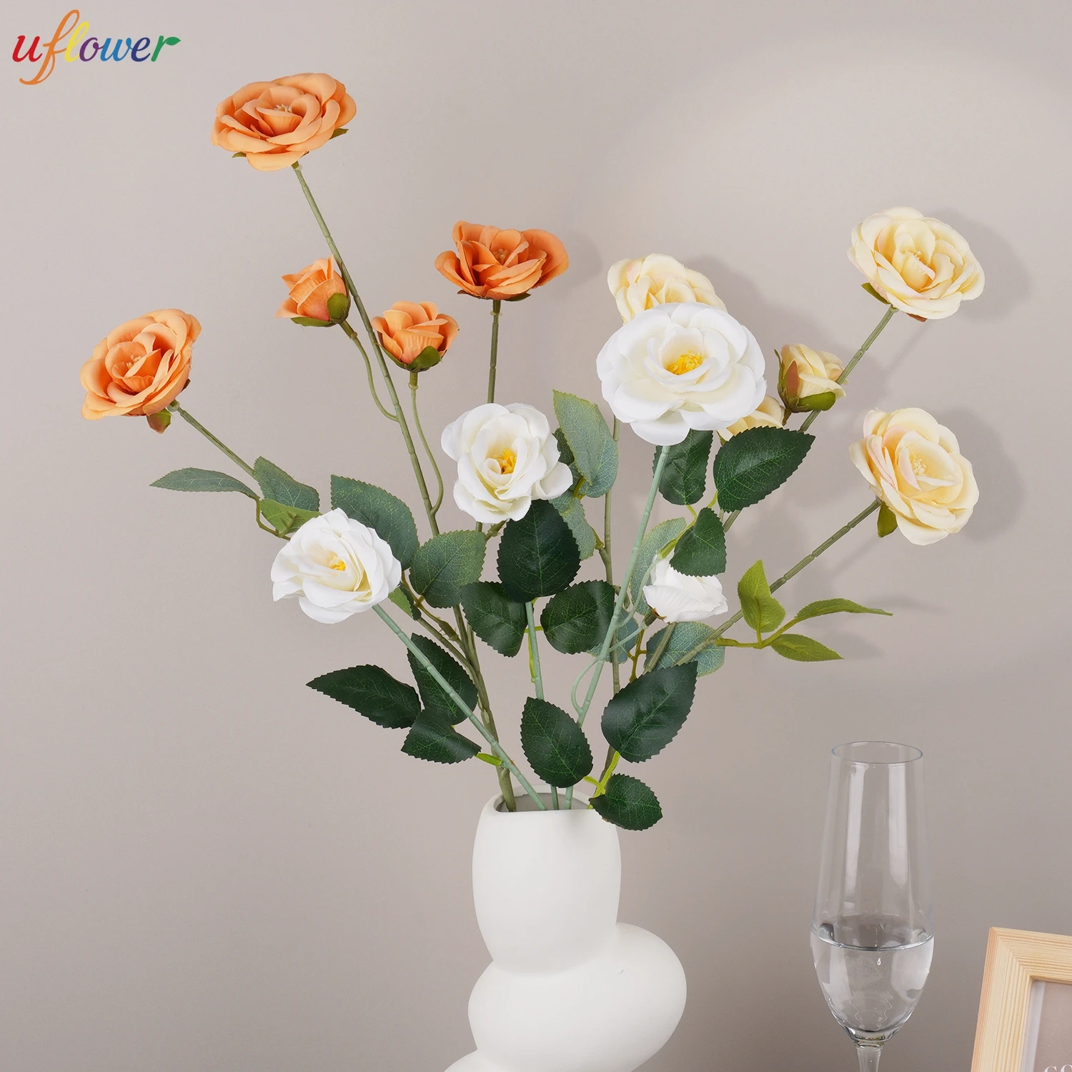 Baby Breath Dried - 24Inch 5 Heads Orange White Rose