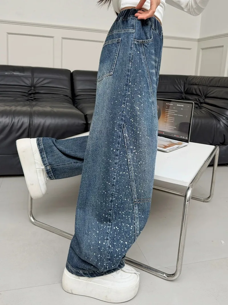 Kinder Mädchen Jeans UNITIM Herbst Junge Teenager Mädchen Glänzende Denim-Hosen Lose Elastische Taille Junior 4-14J Mädchen Weite Hosen – Detail 13