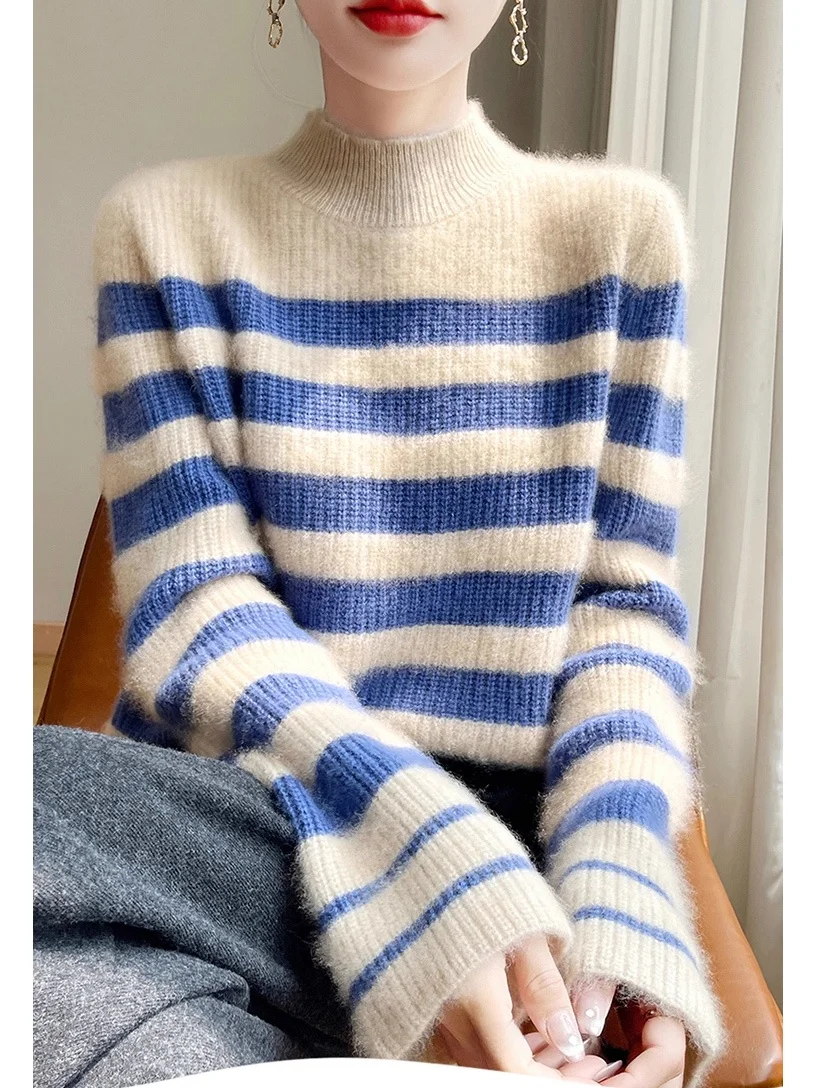 

Autumn Winter Women's Knitted Wool Sweater Loose f High Collar Striped Patchwork Base Layer Knitwear Commute Sle Regular...