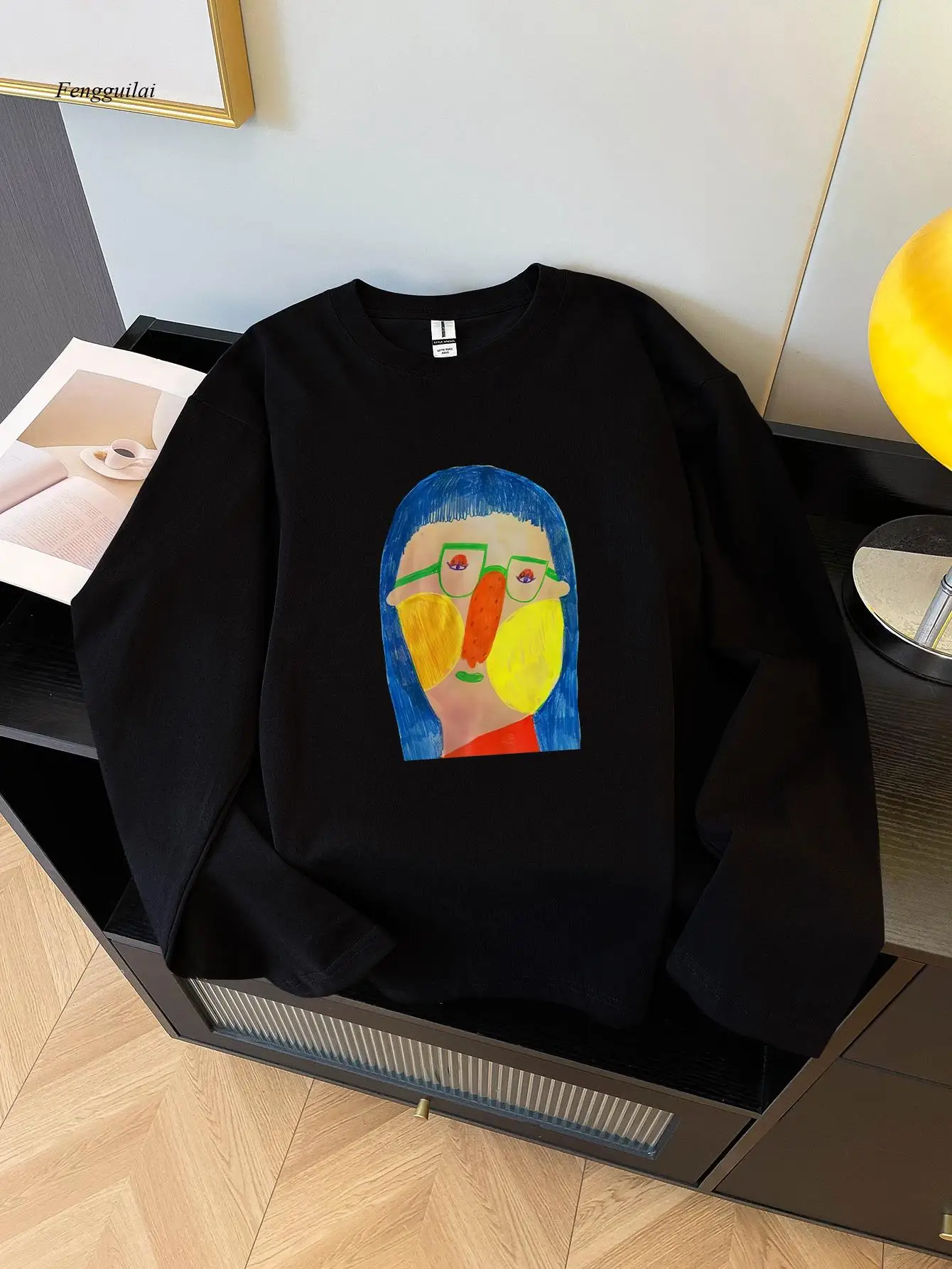 Long Sleeve T-Shirt - Royal Blue Casual Shirt with Abstract Face Graphic, Soft Everyday Top for Fall/Winter, Machine Washable