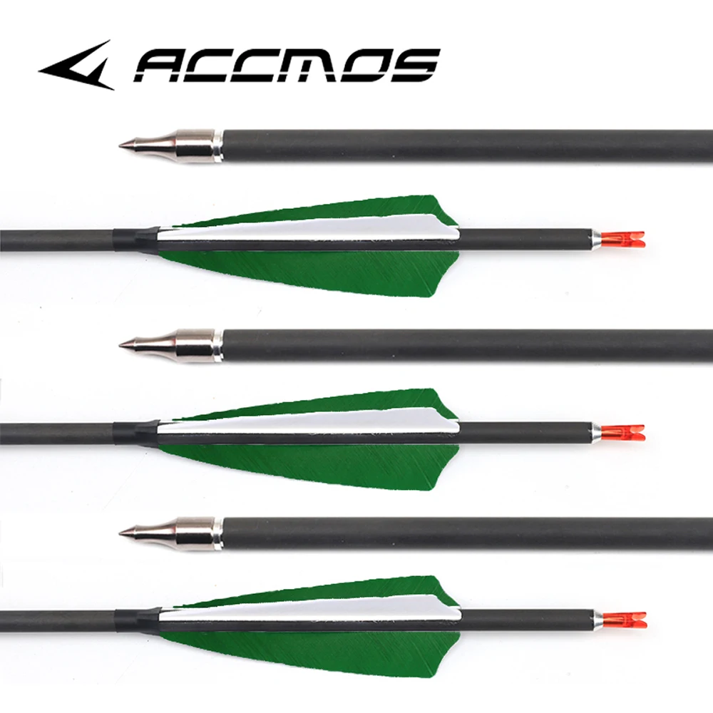 12pcs ACCMOS Mixed Carbon Arrow 30in Sp500 ID 6.2mm OD 7.8mm 10colors 4in Turkey Feather Compound Recurve Bow Archery Shooting