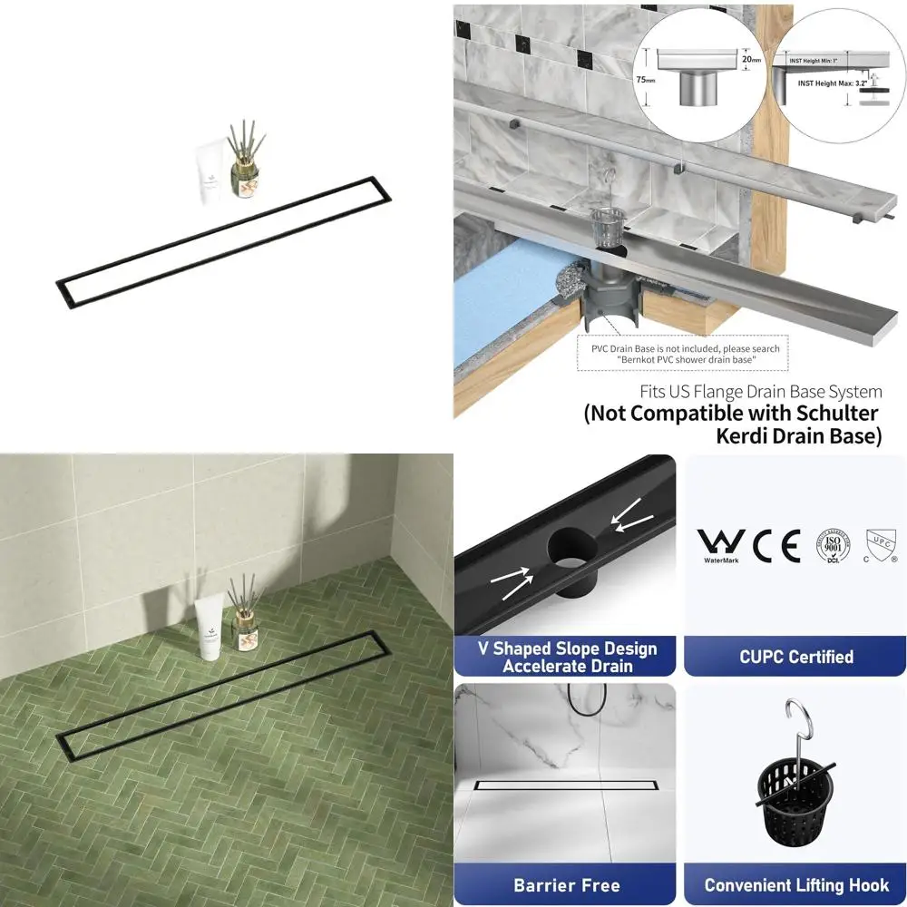 

24 Matte Black Linear Shower Drain with Tiled Insert and Hair Strainer, 304 Stainless Steel, CUPC Certified