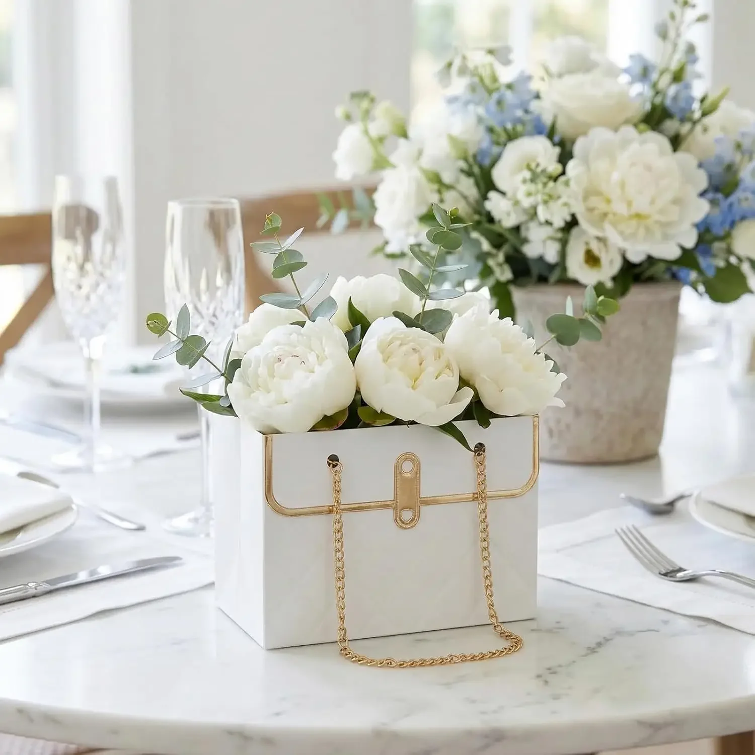 Flower Gift Handbag Box Metal Chain Handle Rectangular Floral Packaging Bag Valentine's Day Wedding Birthday Bouquet Gift Bag