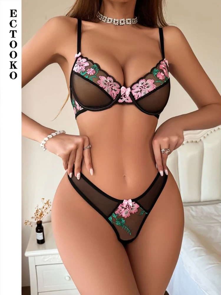 ECTOOKO 2024 Flower Embroidered See-Through Mesh Sexy Contrasting Erotic Lingerie Two-Piece Set